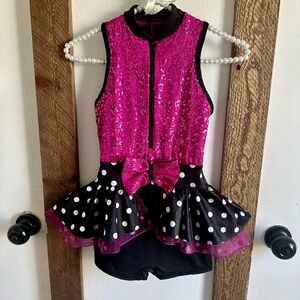 Curtain Calls Girls Costume sparkle biketard with polka dot skirt EUC sz Medium